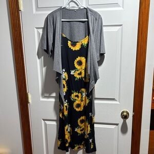 Sunflower Print Maxi Dress with Gray Cardigan